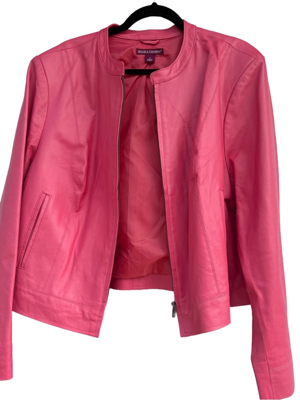 Jessica London Vibrant Pink Leather Collarless Zip Jacket
